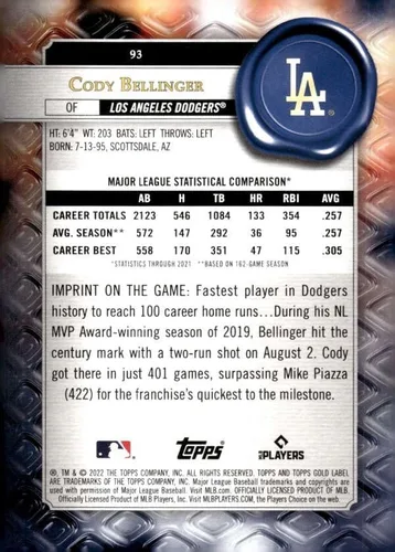 Vista 2 de 2022 TOPPS GOLD LABEL CLASS 2#93 CODY BELLINGER LOS ANGELES DODGERS BASEBALL OFFICIAL TRADING CARD OF MLB