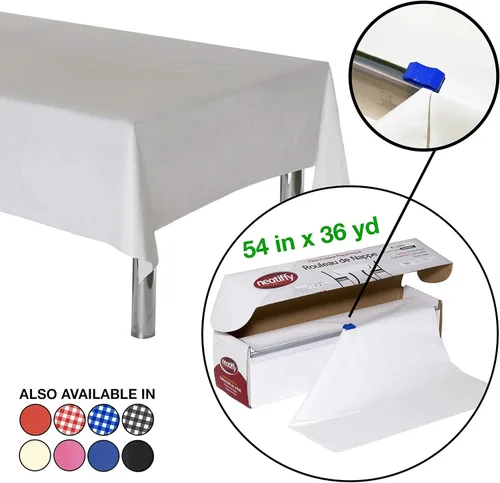 Vista 2 de Neatiffy Rollo de mantel de plástico desechable Mantel impermeable de 54 pulgadas x 108 pies Funda para mesas rectangulares, cuadradas, redondas
