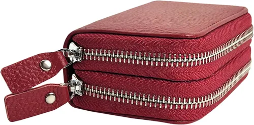 Vista 8 de Cartera de cuero para mujer, con doble tarjeta, tarjetero con cremallera, múltiples compartimentos, bloqueo RFID C-W-1, Rosado, Talla única