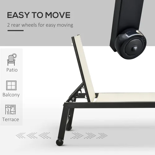 Vista 6 de Outsunny Tumbona para exteriores con ruedas, reclinable de cinco posiciones para tomar el sol, tomar el sol, marco de acero, tela transpirable