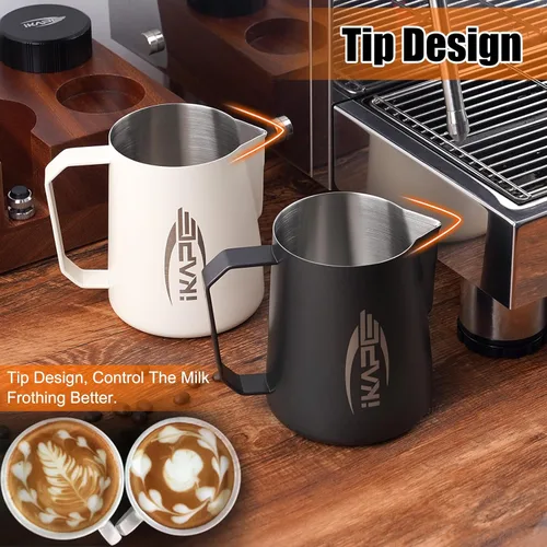 Vista 2 de IKAPE Productos de café, jarra de espuma de leche de 20.3 fl oz, jarras de vapor de leche de acero inoxidable, café con leche, café con leche