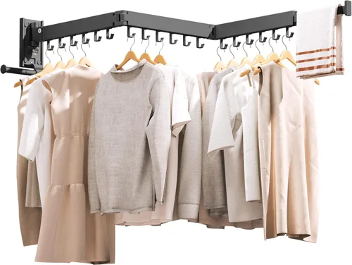 Vista 12 de ZdwCyl Tendedero de secado de ropa, montaje en pared, ahorro de espacio, retráctil, plegable (tres pliegues), para balcón, lavandería, baño