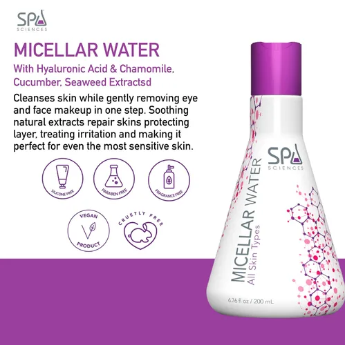 Vista 4 de SPA SCIENCES - Agua micelar - Fabricado en los Estados Unidos - Con ácido hialurónico y manzanilla, pepino, extractos de algas marinas - Calma