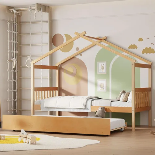 Vista 42 de Merax Cama de tamaño individual de madera estilo casa con valla, marco de cama de madera con techo y barandilla de seguridad para niños, Blanco