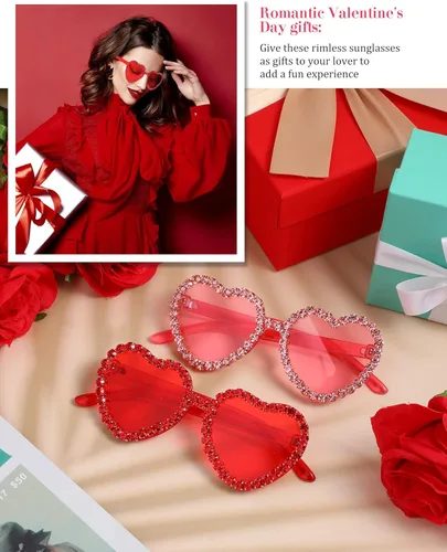Vista 4 de TOODOO 2 pares de lentes de sol con forma de corazón para el día de San Valentín sin montura y diamantes de imitación para mujer lentes
