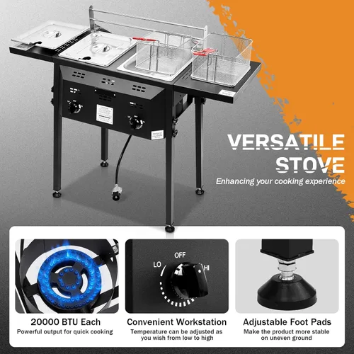 Vista 4 de Outvita Freidora de propano para exteriores, freidora comercial de doble quemador, olla de 16 cuartos de galón con cestas extraíbles, tapas