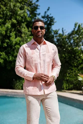 Vista 16 de Mojito - Guayabera de manga larga para hombre, 100% lino, panel de contraste y pliegues tonales Agua