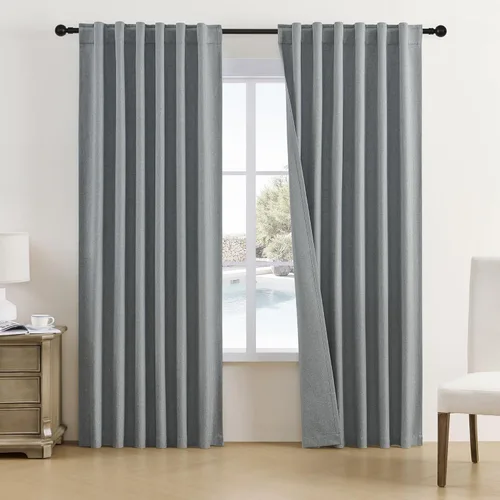 Vista 11 de DUALIFE - Cortinas de lino opacas beige de 54 pulgadas de largo, con pestaña trasera y bolsillo para cortinero, cortinas estrechas para dormitorio