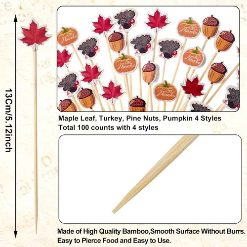 Vista 2 de Meanplan Palillos de cóctel de otoño, aperitivo de comida de Acción de Gracias, palillos de dientes de bambú hojas de arce calabazas, bellotas
