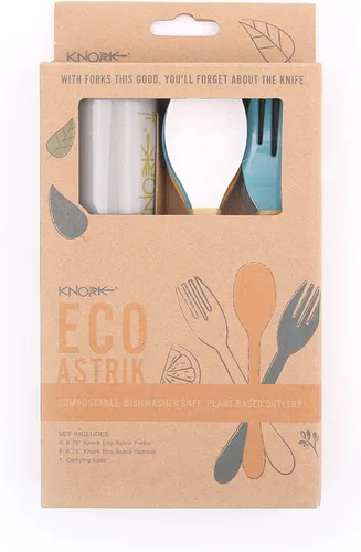 Vista 6 de Knork Eco Astrik - Juego de utensilios reutilizables compostables a base de plantas con funda de transporte, naranja, azul, blanco y gris, juego