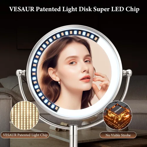 Vista 5 de Espejo de maquillaje profesional grande de 8.5 pulgadas con luces más brillantes, espejo de aumento 1X/10X True HD con 3 luces regulables
