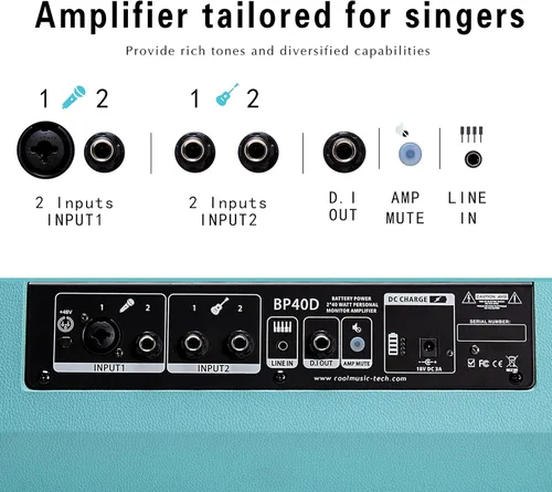 Vista 6 de Coolmusic Amplificador de guitarra acústica alimentado BP40D, altavoz Bluetooth portátil de 80 W con batería con efecto de retardo de coro