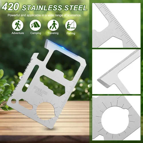 Vista 2 de Multiherramienta para tarjetas de crédito de supervivencia, herramienta de supervivencia 11 en 1 para abridor de cerveza, billetera