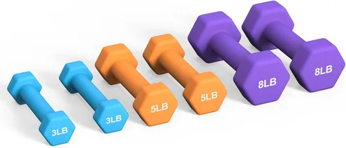 Vista 7 de Portzon Weights Dumbbells Set 3, 5, 8, and 10 Pound Neoprene Dumbbell Free Hand Weight Set with Rack, Ideal for Home Exercises, 32 LB, Anti-Slip