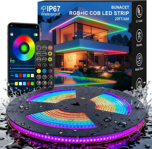 20 pies de tira de luces LED COB RGB+IC, luces LED RGB IP67 para exterior de 24V para dormitorio con control remoto RF inteligente, aplicación,
