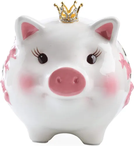 Vista 7 de Alcancía de cerámica, banco de monedas, caja de dinero de princesa corona para niña (rosa, 8.3 pulgadas de largo)
