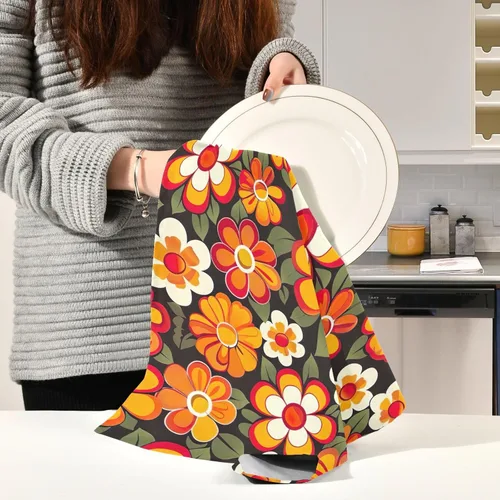 Vista 6 de GAIREG Orange Retro Hippie Flowers Large Kitchen Towels, 28x18 Decorative Hand Towels for Kitchen Cute, Set of 4