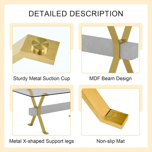 Vista 5 de Dining Table. Modern Tempered Glass Dining Table. Large Modern Office Desk with Gold Plated Metal Legs and Gray crossbars, Suitable for Both Home