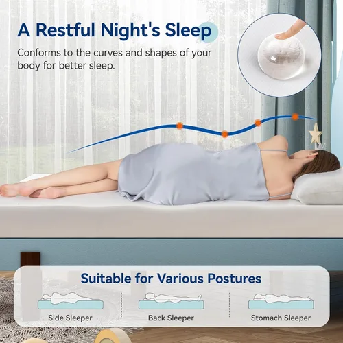 Vista 5 de Yaxa Basics Colchón de espuma viscoelástica, sensación de felpa suave, 6 pulgadas, matrimonial, blanco/gris