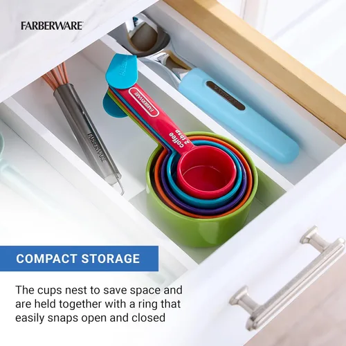 Vista 5 de FARBERWARE Juego de tazas medidoras de 5 piezas con cuchara de café, tazas medidoras de plástico duradero con marcas de fácil lectura, sin BPA, apto