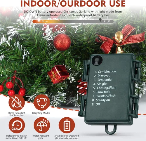 Vista 5 de DOIOWN Guirnalda de Navidad con luces, guirnalda de Navidad preiluminada de 9 pies para manto, guirnalda de 100 luces LED de decoración de Navidad