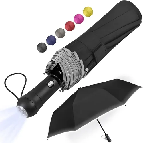 LEAGERA Windproof Compact Umbrellas for Rain with LED Light Flashlight Umbrella, Oversized Travel Folding Umbrella Reflective Stripes Automatic
