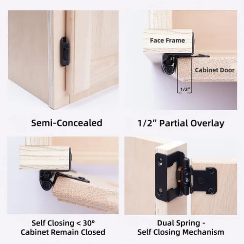 Vista 4 de DecoBasics Paquete de 2 bisagras negras superpuestas de 1/2 pulgada para puertas de cabina (1 par), bisagra de marco de cara semioculta de cierre