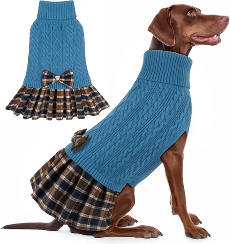 Vista 13 de Kyeese Suéter de perro vestido a cuadros con cuello alto para perro, suéter de punto para mascotas para otoño e invierno
