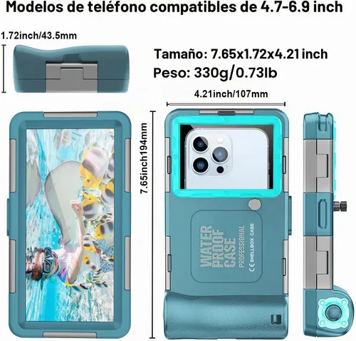 Vista 3 de Prenda impermeable profesional de la caja del teléfono del buceo de buceo Verde azulado