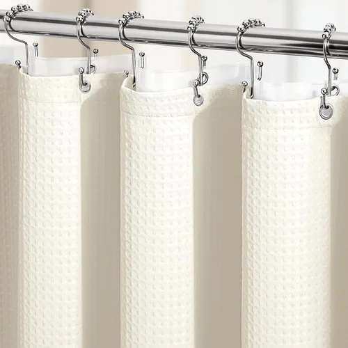 Vista 338 de Cortina de ducha de tela Dynamene verde oscuro - Cortinas de baño de tela de nido de abeja texturizadas resistentes, juego de cortinas de baño