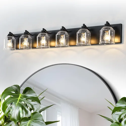 Vista 28 de Luces de tocador para baño grandes de 15.8 pulgadas, lámpara de tocador rústica de granja con pantallas de vidrio burbuja, accesorios de iluminación