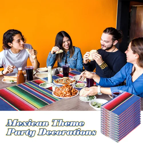Vista 4 de 24 piezas de camino de mesa de sarape mexicano tejido a mano con flecos de algodón, camino de mesa colorido a rayas mexicanas para decoraciones