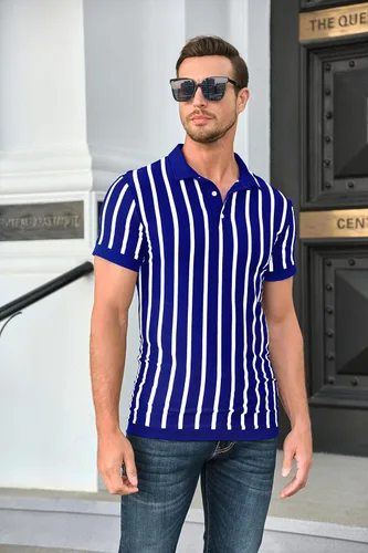 Vista 2 de Polo a rayas para hombre, camisas de golf a rayas blancas y negras, mezcla de algodón, con botones, casual, de verano, manga corta, Azul