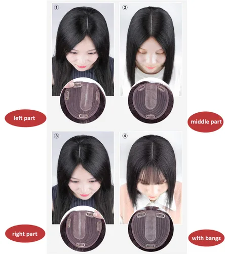 Vista 7 de LXUE Parte superior de cabello humano con base de seda natural para mujeres con cabello gris y delgado, parte superior de base de 5 x 5.5 pulgadas