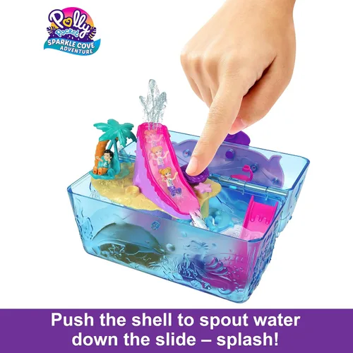 Vista 4 de Conjunto de Juego Polly Pocket con 2 Muñecas, Accesorios Sorpresa y Juego de Agua, Cofre del Tesoro de Aventura de Bahía de Chispa con Juguete