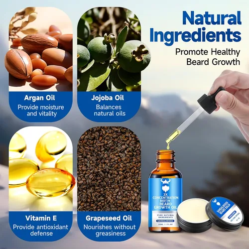 Vista 4 de Aceite para el crecimiento de la barba y bálsamo para barba - Kit de crecimiento de barba con biotina de concentración 2X para hombres, ingredientes