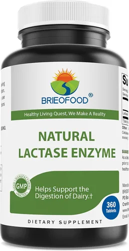 Brieofood Píldoras enzimáticas de lactasa - 3000 FCC ALU - 360 tabletas - 360 porciones - Sin OMG, sin gluten