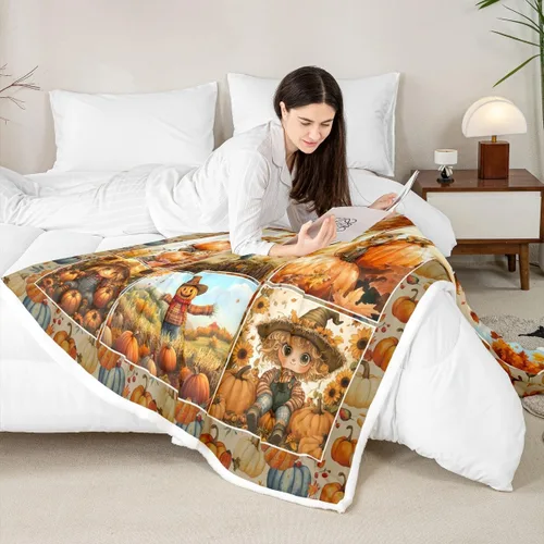 Vista 2 de Fall Scarecrow Throw Blanket,Retro Autumn Pumpinks Squirrel Bed Plush Blanket for Living Room Decor,Rustic Farmhouse Sunflowers Couch Bed Sofa Soft
