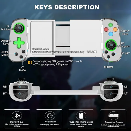 Vista 7 de arVin Wireless Gaming Controller for iPhone, Android with Phone CASE Support & Green Light, Bluetooth Gamepad for