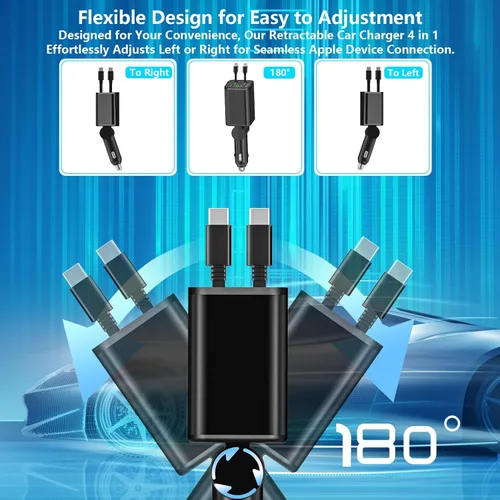 Vista 5 de [Apple MFi Certified] Retractable Car Charger USB C, Braveridge 120W USB C Car Charger 4 in 1 PD/QC Type C Fast Charge Cigarette Lighter Adapter for