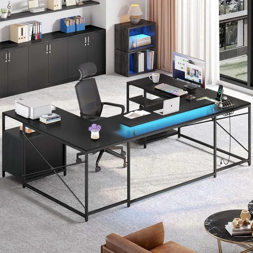 Vista 6 de YITAHOME Escritorio en Forma de U con Tomas de Corriente y Luces LED, Escritorio Reversible en Forma de L de 79" con Cajones, Escritorio de Esquina
