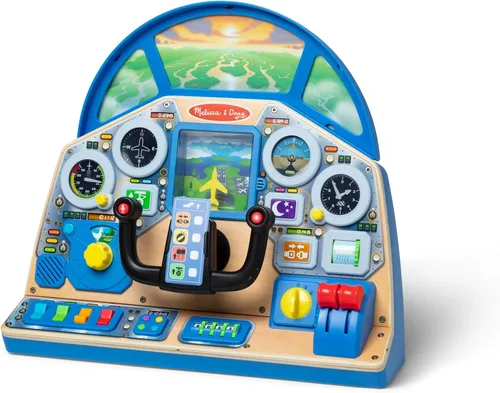Melissa & Doug - Tablero interactivo de piloto de jet, cabina de simulación de avión con volante de pilotaje, luces, sonidos, botones e