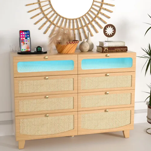 Vista 9 de Cómoda de ratán para dormitorio con 8 cajones, cómoda de madera con estación de carga y luces LED, cómoda bohemia y cómodas para dormitorio