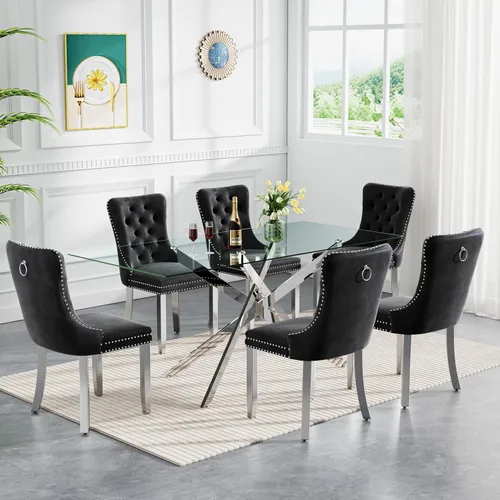 Vista 31 de SSLine Moderno juego de mesa de comedor de cristal dorado de 5 piezas para 4 mesas de cocina y sillas rectangulares de lujo de vidrio para 4, mesa