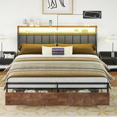 Vista 11 de AMERLIFE Base de cama LED con cajones, base de cama de plataforma completa con almacenamiento de 2 niveles y cabecera tapizada de cuero y estación