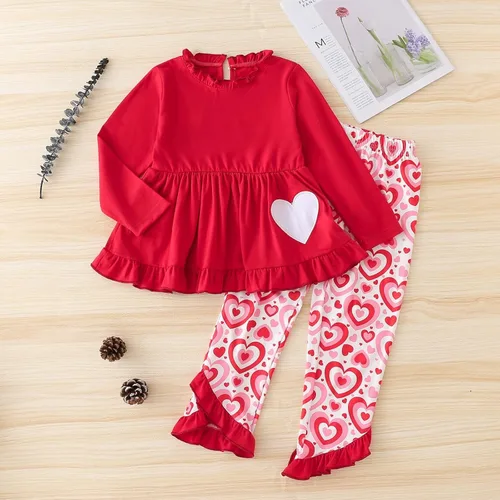 Vista 2 de Eoailr Ropa para bebé niña, 2 piezas, conjunto de girasol para el día de San Valentín, conjunto de vestido con volantes, camisa con estampado