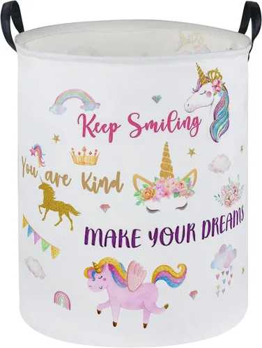 Vista 26 de ESSME Cesta de ropa sucia con diseño de arcoíris, plegable para niños, con revestimiento de polietileno impermeable, cesta de guardería para niñas