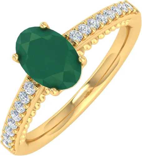 Anillo de compromiso solitario de diamante redondo y esmeralda ovalada de 1 quilate en oro de 10 quilates, Metal Metal Piedra Piedra preciosa,