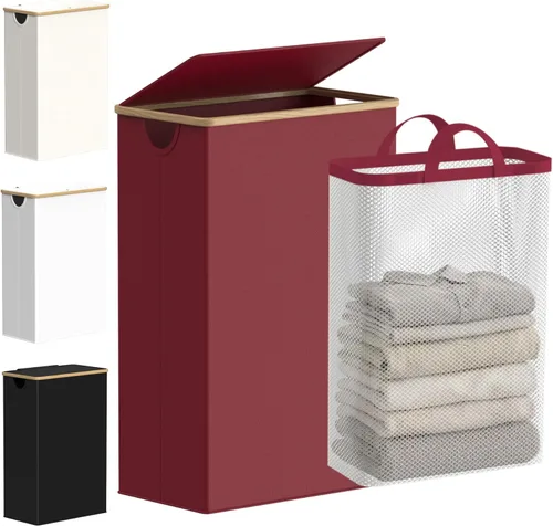 Vista 22 de efluky Cesta de lavandería delgada con tapa, cesta estrecha para la ropa sucia con bolsa extraíble, cesta de ropa sucia delgada con asas de bambú