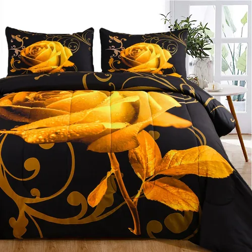 Vista 12 de WONGS BEDDING Juego de edredón azul tamaño matrimonial, juego de edredón reversible con estampado de rosas azules con 2 fundas de almohada